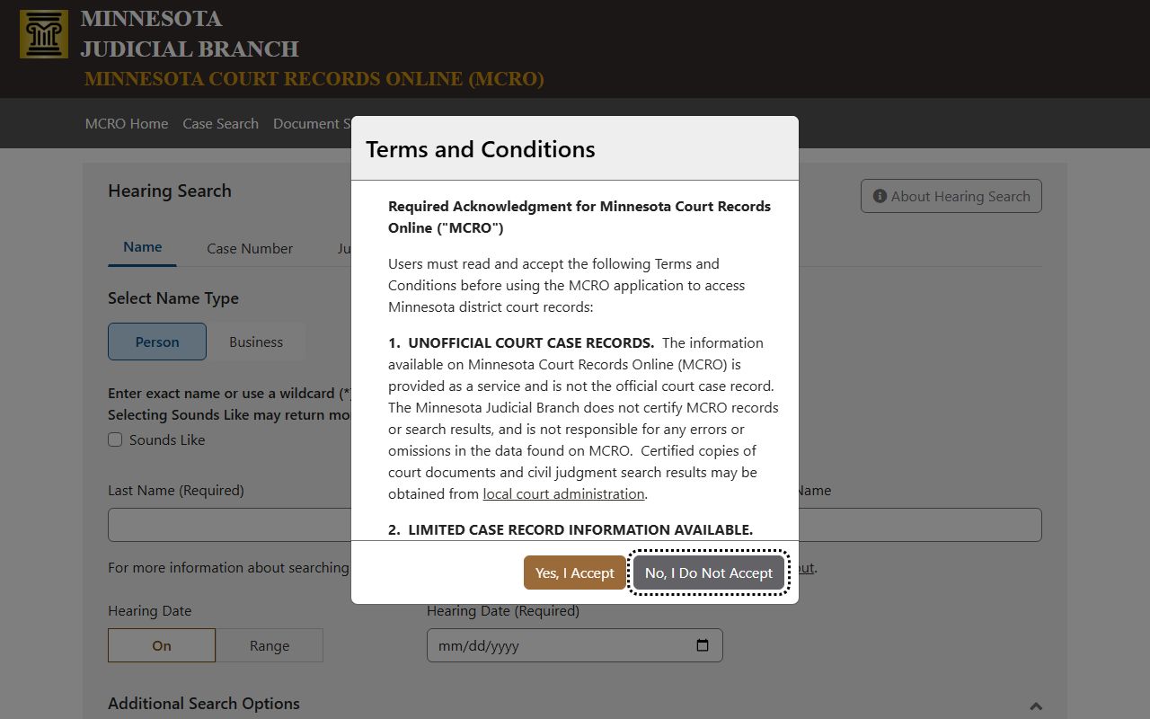 Ramsey County court records MCRO hearing search form