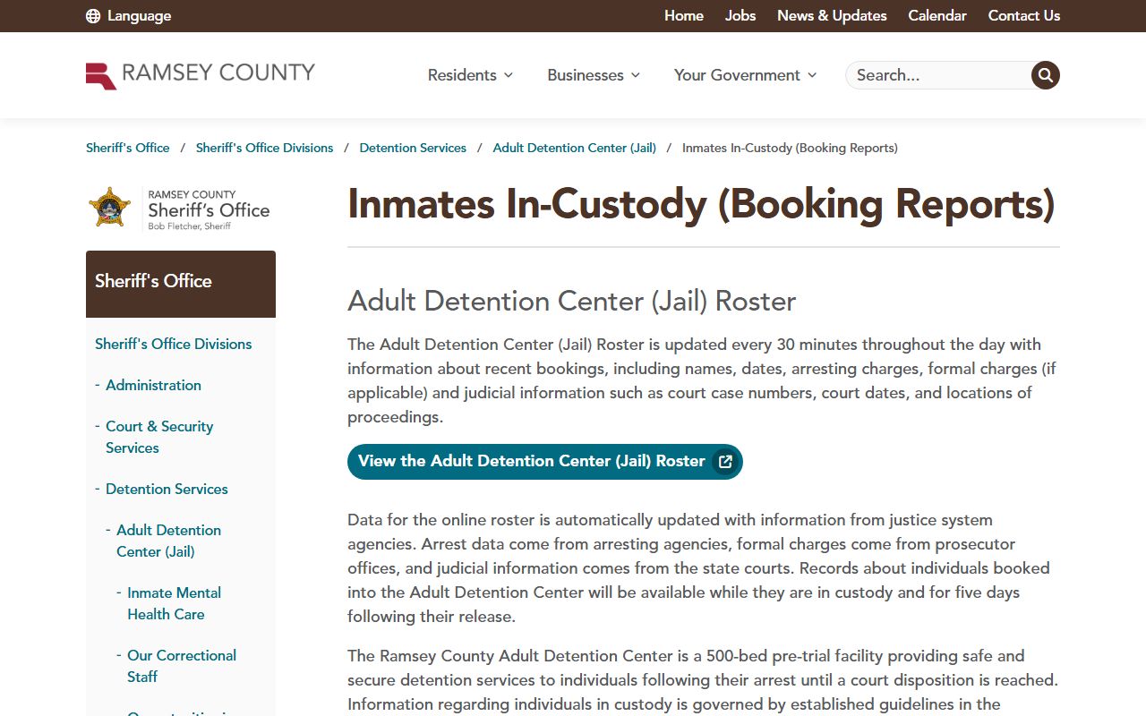 Ramsey County inmate records ADC roster explanation page