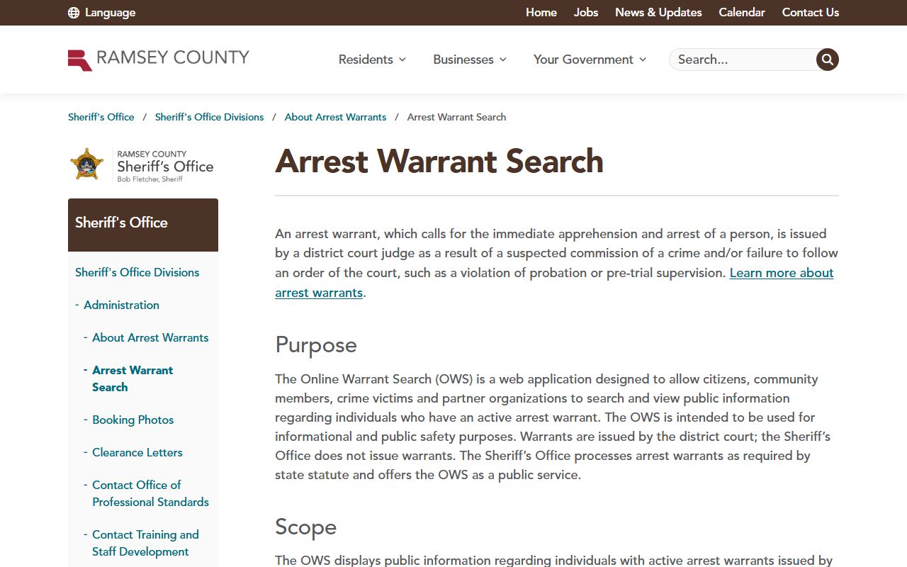 Ramsey County warrant search disclaimer page