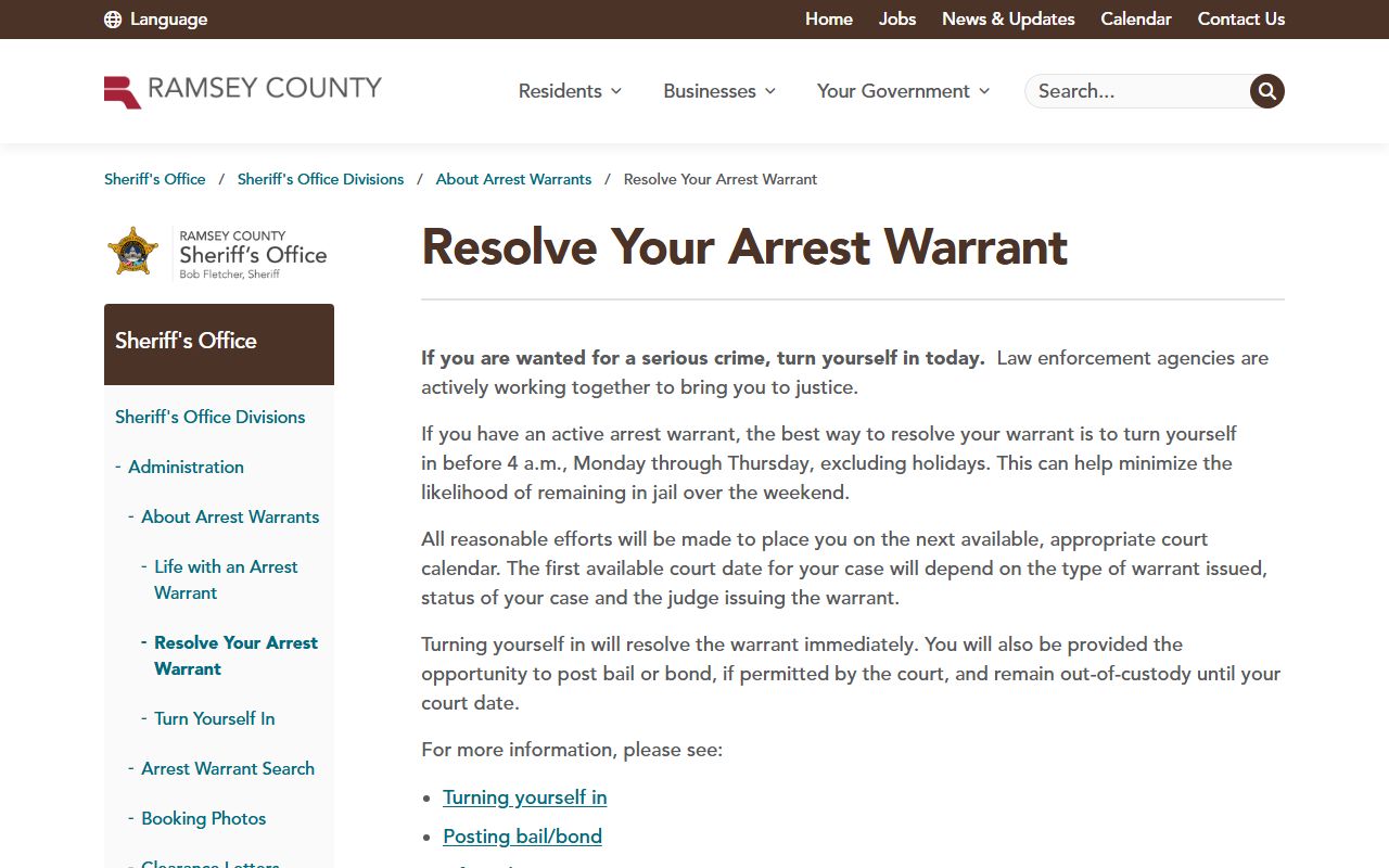 Ramsey County warrant resolution guidance page
