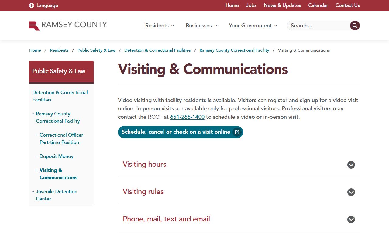 Ramsey County inmate population RCCF visiting and communications