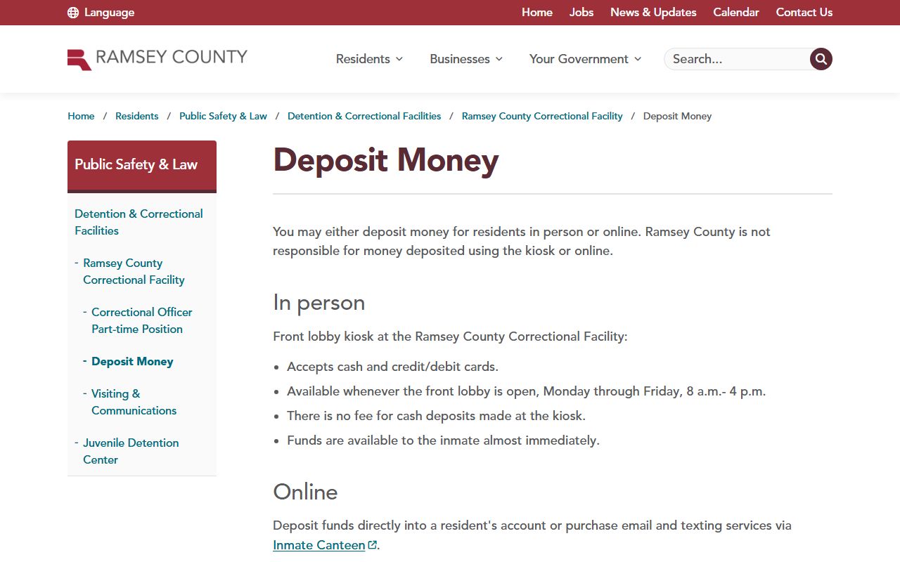 Ramsey County inmate population RCCF deposit money page