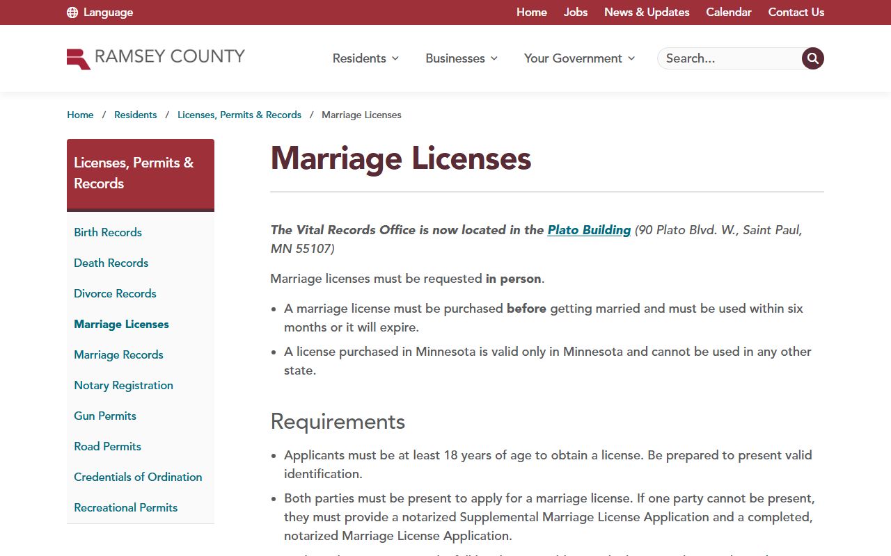 Ramsey County marriage license application page