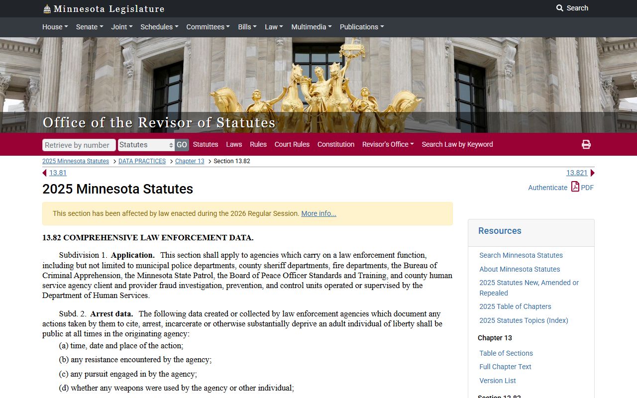 Ramsey County arrest records law enforcement data statute 13.82
