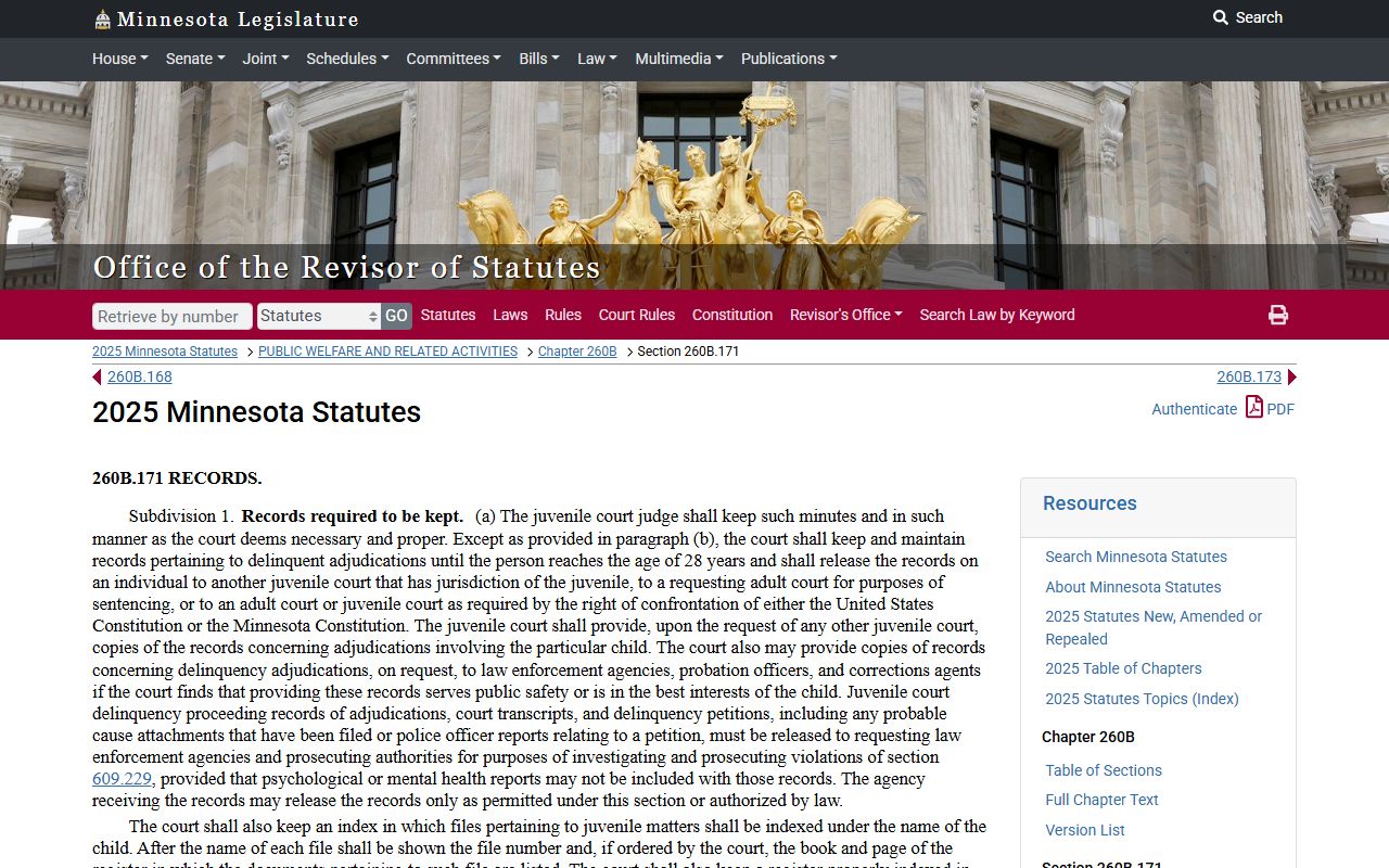Ramsey County arrest records juvenile delinquency statute 260B.171