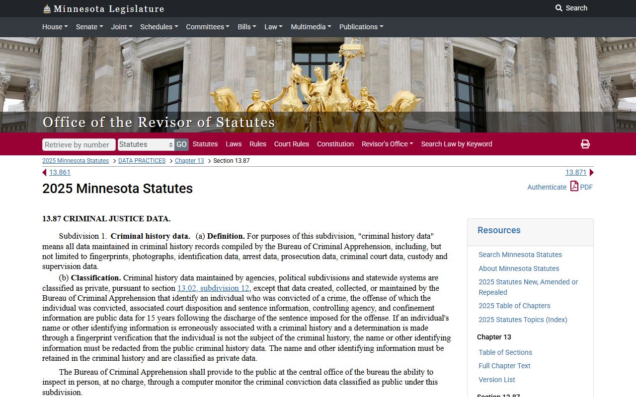 Ramsey County District Court criminal history data statute